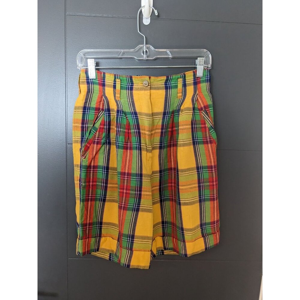 Vintage ABS California Yellow Plaid High Rise Pleated Shorts - Petite